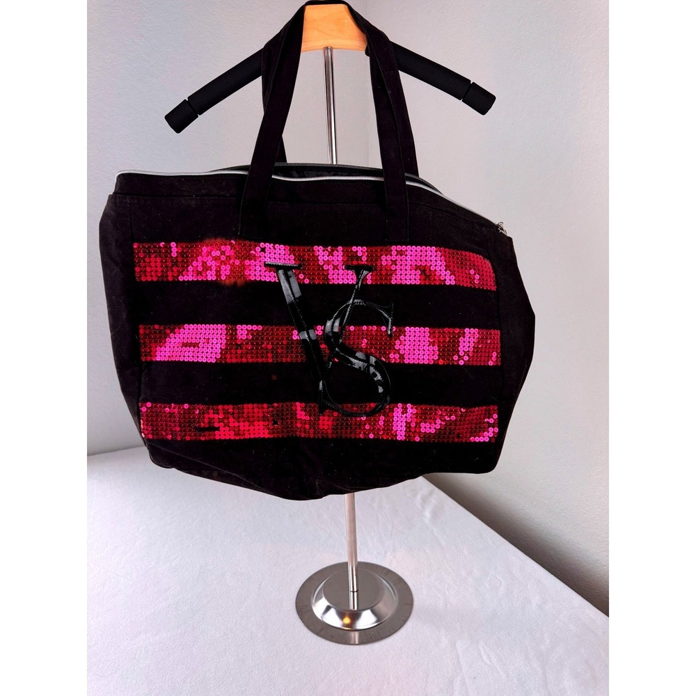 Victoria's Secret Pink Sequin Stripe Canvas Weekender Tote Travel Gym‎ Bag Black